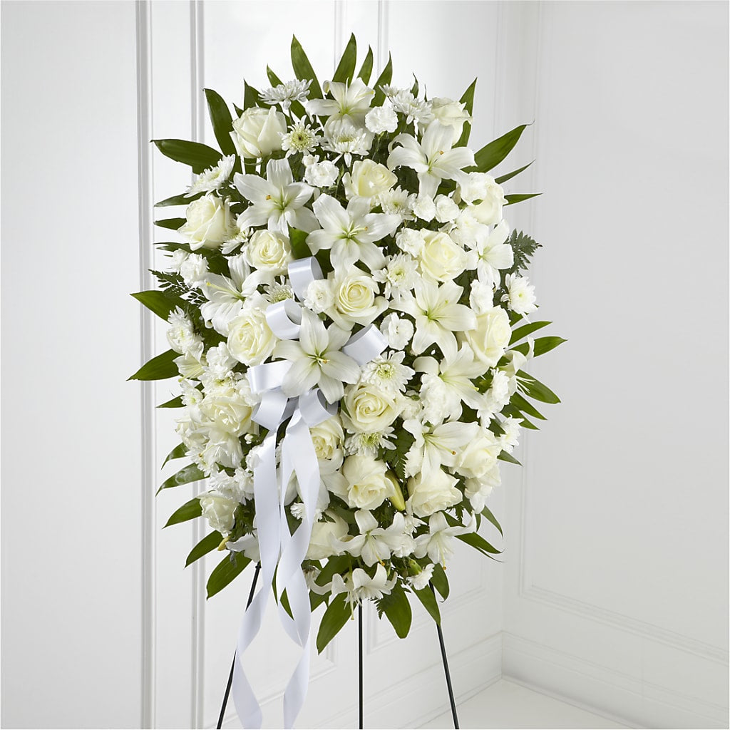 Exquisite Tribute Standing Spray-White Ribbon – Village Florist, Richmond KY