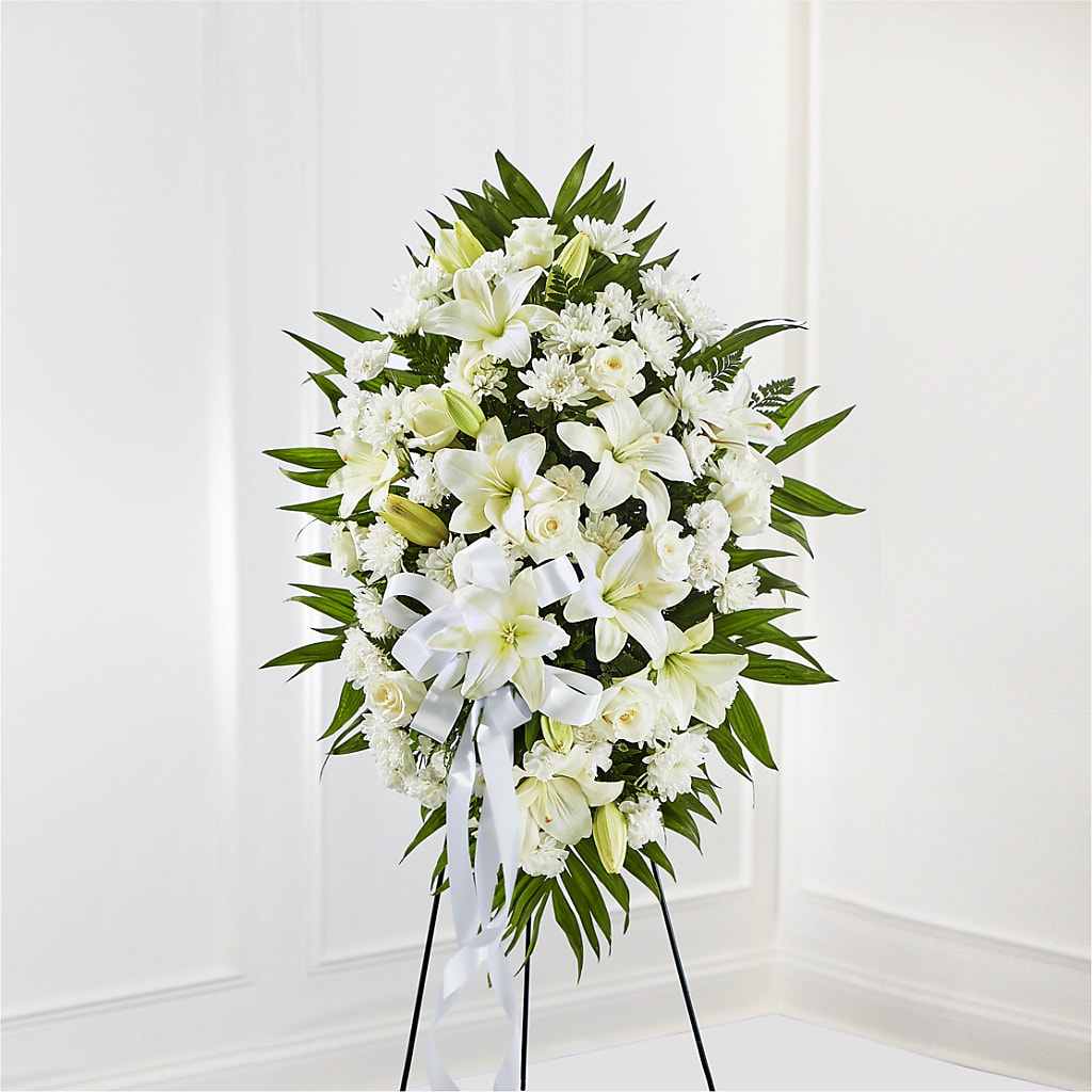 Exquisite Tribute Standing Spray-White Ribbon – Village Florist, Richmond KY