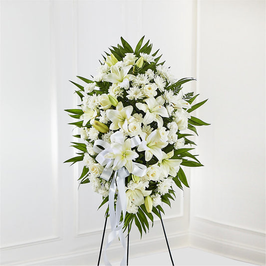 Exquisite Tribute Standing Spray-White Ribbon – Village Florist, Richmond KY